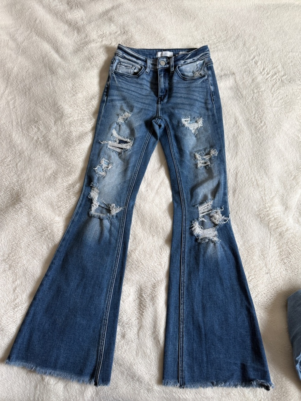 KanCan Distressed Flare Jeans in Dark Blue Wash